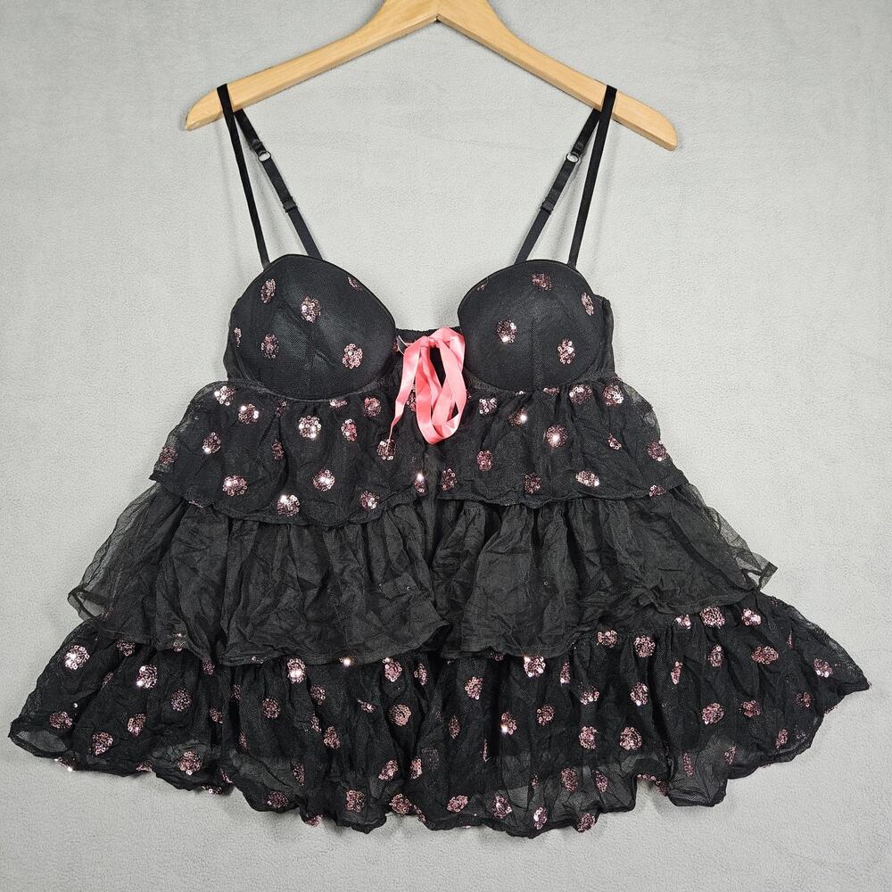 Victoria’s Secret Lingerie Sexy Little Things 36C Black Top Sequin Babydoll Open